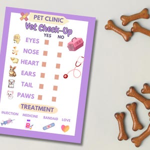 May include: A pet clinic themed checklist with the words "Vet Check-Up" and illustrations of a stethoscope, pet carrier, and medical supplies. Bone-shaped dog treats are scattered around the checklist.