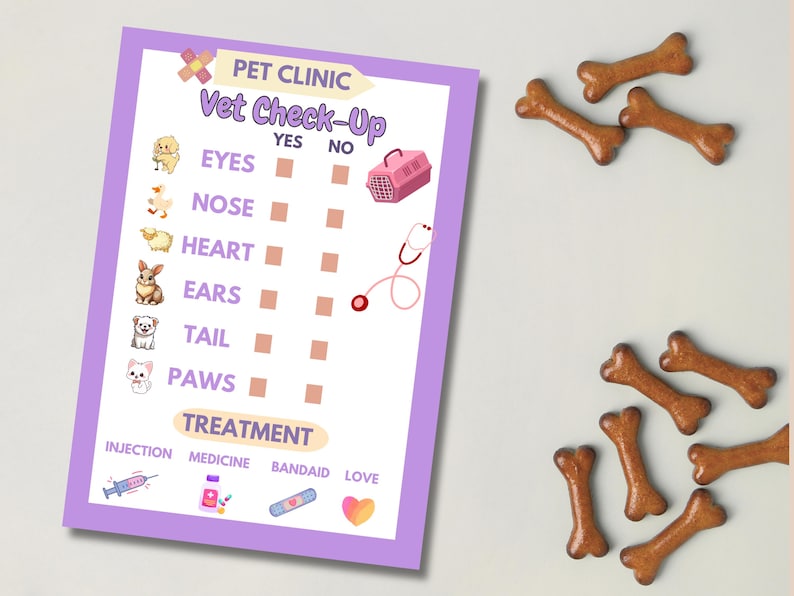 May include: A pet clinic themed checklist with the words "Vet Check-Up" and illustrations of a stethoscope, pet carrier, and medical supplies. Bone-shaped dog treats are scattered around the checklist.