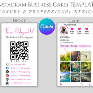 May include: A business card template with a luxury and professional design. The front features the text "Focus Photography" and a QR code. The back displays an Instagram profile layout with sample posts and follower counts. The Canva logo is also visible.
