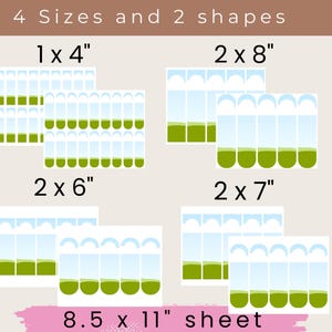 Pu&ograve; includere: Un'immagine mostra quattro dimensioni e due forme di adesivi. Le dimensioni sono 2,5 x 10,2 cm, 5,1 x 20,3 cm, 5,1 x 15,2 cm e 5,1 x 17,8 cm. Il foglio misura 21,6 x 27,9 cm. Gli adesivi hanno un design blu e verde.