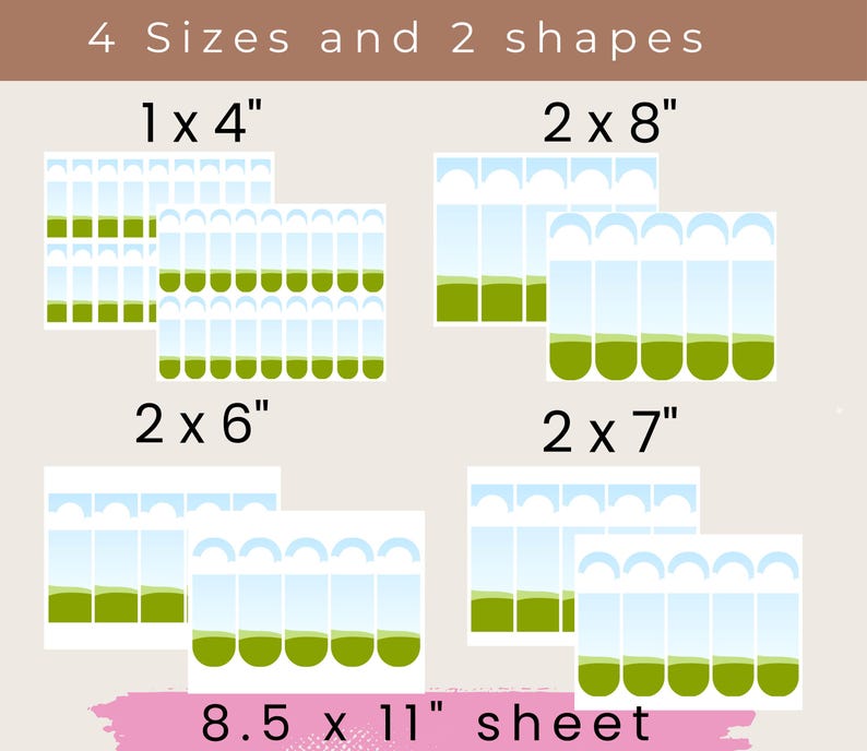 Pu&ograve; includere: Un'immagine mostra quattro dimensioni e due forme di adesivi. Le dimensioni sono 2,5 x 10,2 cm, 5,1 x 20,3 cm, 5,1 x 15,2 cm e 5,1 x 17,8 cm. Il foglio misura 21,6 x 27,9 cm. Gli adesivi hanno un design blu e verde.