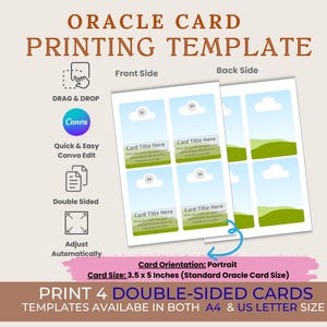 Pode incluir: Um modelo de impressão de cartas de oráculo com o texto "Oracle Card Printing Template". O design inclui layouts de cartas frente e verso, integração Canva e a capacidade de imprimir quatro cartas de dupla face. Tamanho do cartão: 8,9 x 12,7 cm.