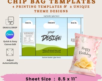 Bearbeitbare Chipbeutelvorlage Canva, Benutzerdefiniertes Snackbeutelmodell, Geburtstag für Kinder, Partybevorzugungsdesign, leere Chipbeutelverpackung, DIY-Snackbeuteletikett