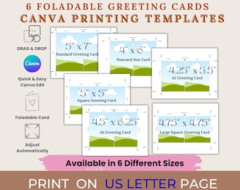 6 Foldable Cards Printing Templates | DIY Drag & Drop Printable Card | Greeting Cards Canva Blank Frame Template | Fold Place Card Template