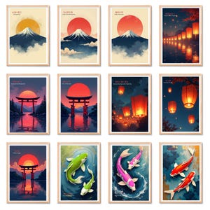 K&ouml;nnte beinhalten: Eine Sammlung gerahmter Kunstdrucke mit japanischen Motiven. Die Drucke zeigen den Fuji, Torii-Tore, Koi-Karpfen und schwebende Laternen, alles vor dem Hintergrund von Sonnenunterg&auml;ngen und Nachtszenen. Jeder Druck enth&auml;lt japanischen Text.