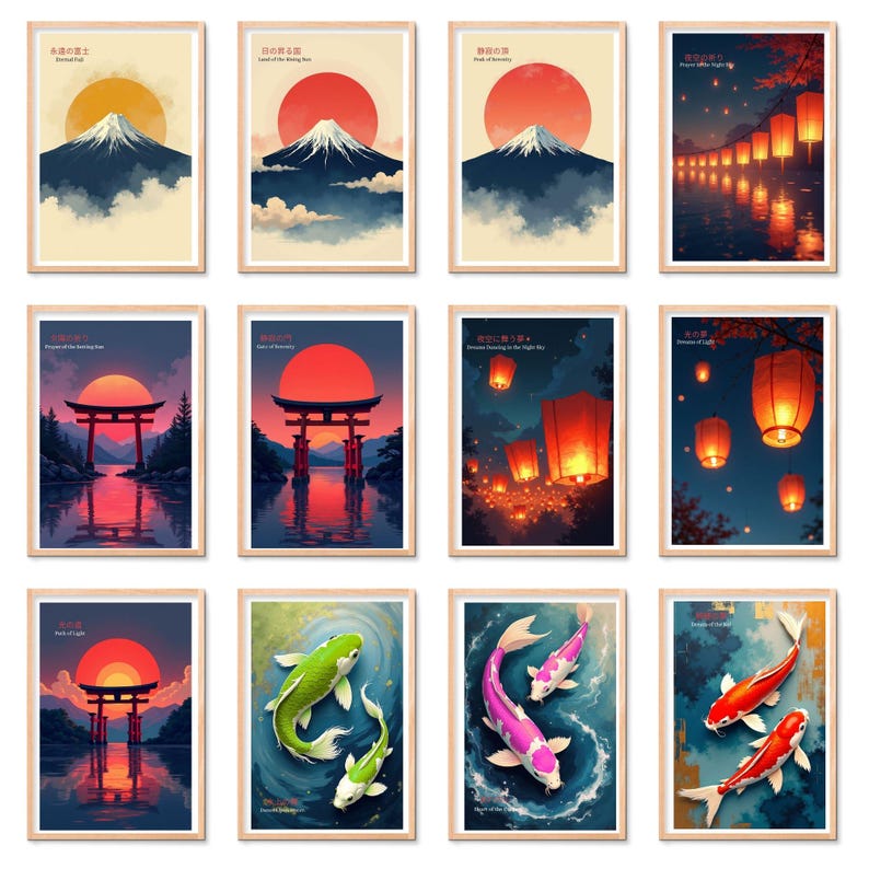 K&ouml;nnte beinhalten: Eine Sammlung gerahmter Kunstdrucke mit japanischen Motiven. Die Drucke zeigen den Fuji, Torii-Tore, Koi-Karpfen und schwebende Laternen, alles vor dem Hintergrund von Sonnenunterg&auml;ngen und Nachtszenen. Jeder Druck enth&auml;lt japanischen Text.