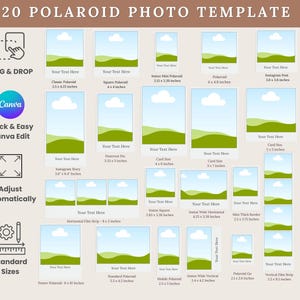 Può includere: Un modello con 20 layout di foto Polaroid, inclusi formati Classico, Quadrato e Instagram. Ogni layout presenta una scena paesaggistica con cielo blu e colline verdi, con segnaposto di testo per la personalizzazione. L'immagine include anche le istruzioni di modifica di Canva.
