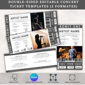 May include: A collection of editable concert ticket templates in a black and white design. The tickets feature space for artist name, event details, and a VIP section. The design includes the text "ADMIT ONE" and "DOUBLE-SIDED EDITABLE CONCERT TICKET TEMPLATES".