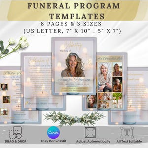 以下が含まれることがあります： 「Funeral Program Templates」と「8 Pages & 3 Sizes」のテキストが入った葬儀プログラムテンプレート。テンプレートには写真とテキストが含まれており、US Letter、17.78cm x 25.4cm、12.7cm x 17.78cmのサイズオプションがあります。テンプレートはカスタマイズ可能です。