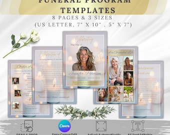 Könnte beinhalten: Trauerprogrammvorlagen mit dem Text "Funeral Program Templates" und "8 Pages & 3 Sizes". Die Vorlagen enthalten Fotos und Text, mit Optionen für US Letter, 17.78cm x 25.4cm, und 12.7cm x 17.78cm. Die Vorlagen sind anpassbar.