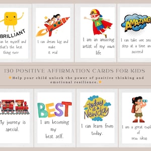 Może przedstawiać: Zestaw 130 kart pozytywnych afirmacji dla dzieci. Każda karta zawiera kolorowe ilustracje i podnoszące na duchu wiadomości, takie jak "Mogę być sobą" i "Mogę marzyć o wielkich rzeczach". Karty mają na celu wspieranie pozytywnego myślenia i odporności emocjonalnej.