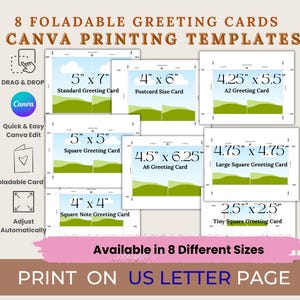 8 Foldable Cards Printing Templates | DIY Drag & Drop Printable Card | Greeting Cards Canva Blank Frame Template | Fold Place Card Template