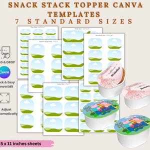 May include: A digital template for snack stack toppers with seven standard sizes. The design includes templates with a landscape and sky background, and examples of finished toppers on snack cups. The text includes "SNACK STACK TOPPER CANVA TEMPLATES".