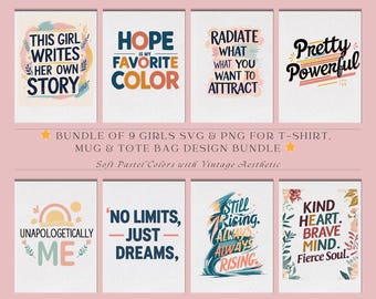 9 Girls T-Shirts Mugs Tote Bags Design Bundle | Digital Art for POD & DIY | Soft Pastel Colors | Instant Download | Pdf Print Svg Png Files