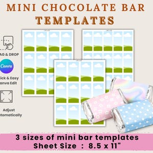 Puede incluir: Plantillas de mini barras de chocolate con diseño de cielo y hierba, disponibles en tres tamaños. El tamaño de la hoja es de 21,6 x 27,9 cm. La imagen también muestra mini barras de chocolate envueltas.