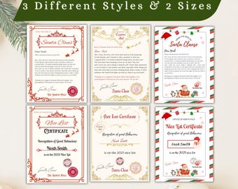 May include: Christmas stationery featuring Santa Claus letters and Nice List certificates. The designs include festive borders, illustrations of Santa, and the text "3 Different Styles & 2 Sizes."