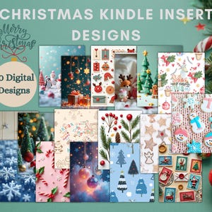 Könnte beinhalten: Eine Sammlung von 30 digitalen Weihnachts-Kindle-Insert-Designs. Die Designs zeigen festliche Elemente wie Schneemänner, Ornamente, Weihnachtsbäume und Weihnachtsgrüße. Der Text "Merry Christmas" und "30 Digital Designs" sind sichtbar.