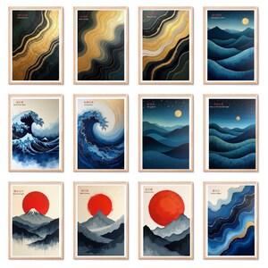 K&ouml;nnte beinhalten: Eine Sammlung gerahmter Kunstdrucke mit abstrakten und Landschaftsdesigns. Die Drucke zeigen verschiedene Stile, darunter flie&szlig;ende Gold- und Schwarzmuster, Meereswellen, Bergszenen mit roter Sonne und Nachtlandschaften mit Mond.