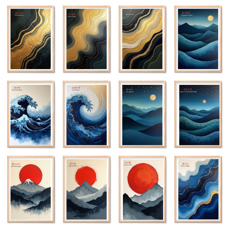 K&ouml;nnte beinhalten: Eine Sammlung gerahmter Kunstdrucke mit abstrakten und Landschaftsdesigns. Die Drucke zeigen verschiedene Stile, darunter flie&szlig;ende Gold- und Schwarzmuster, Meereswellen, Bergszenen mit roter Sonne und Nachtlandschaften mit Mond.