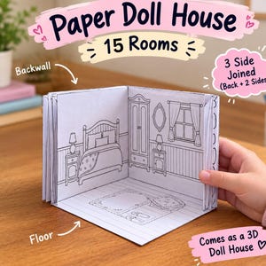 Op de afbeelding: Een papieren poppenhuis met 15 kamers met zwart-wit lijntekeningen van een slaapkamerinterieur. De structuur bevat een achterwand en vloer, waarbij drie zijden met elkaar zijn verbonden om een 3D-poppenhuis te vormen om in te kleuren.