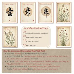 K&ouml;nnte beinhalten: Gerahmte Wandkunst-Drucke mit japanischer Kalligraphie und botanischen Illustrationen. Die Drucke enthalten japanischen und englischen Text, mit verschiedenen Gr&ouml;&szlig;enverh&auml;ltnissen. Die Kunst ist f&uuml;r die individuelle Gestaltung und den Druck konzipiert.