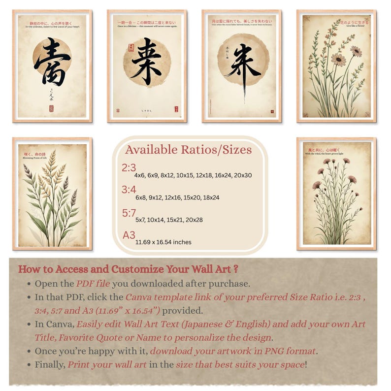 K&ouml;nnte beinhalten: Gerahmte Wandkunst-Drucke mit japanischer Kalligraphie und botanischen Illustrationen. Die Drucke enthalten japanischen und englischen Text, mit verschiedenen Gr&ouml;&szlig;enverh&auml;ltnissen. Die Kunst ist f&uuml;r die individuelle Gestaltung und den Druck konzipiert.