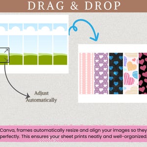 Pu&ograve; includere: Immagine con il testo "DRAG & DROP" e "Regola automaticamente". L'immagine mostra un'interfaccia di progettazione con una funzione di trascinamento. Sotto, ci sono esempi di design a motivi con cuori. Il testo in basso dice: "In Canva, i fotogrammi ridimensionano e allineano automaticamente le tue immagini".