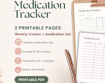 Medication Tracker Canva Template, Medicine Log Printable, Pill Schedule, Prescription List, Allergy Tracker, Medical Planner PDF
