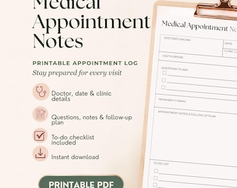 Doctor Appointment Planner Printable, Medical Visit Notes, Health Appointment Log, Follow Up Checklist, Medical Binder PDF