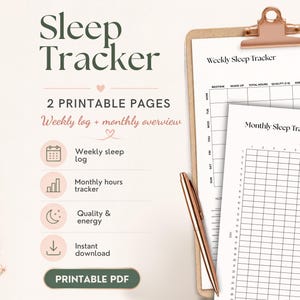 May include: A sleep tracker set featuring two printable pages, a weekly log and a monthly overview. The text reads Sleep Tracker, 2 Printable Pages, Weekly log + monthly overview, Weekly sleep log, Monthly hours tracker, Quality & energy, Instant download, Printable PDF, Weekly Sleep Tracker, and Monthly Sleep Tracker.