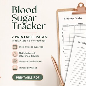 May include: A printable Blood Sugar Tracker PDF set featuring two pages. One page is a weekly log with columns for morning, afternoon, and evening readings. The second page is a daily tracker with columns for date, before meal, and after meal entries.