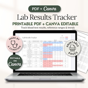 Pacchetto per il monitoraggio dei risultati di laboratorio, monitoraggio degli esami del sangue, registro dei valori di laboratorio, cartelle cliniche modificabili e stampabili in formato PDF con Canva.