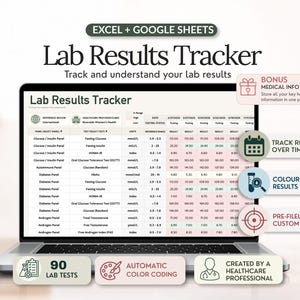 Lab Results Tracker Spreadsheet, Blood Test Tracker, Medical Records Log, Health Binder, Excel Google Sheets Template