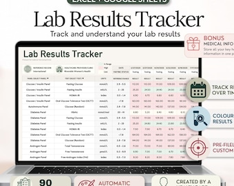 Lab Results Tracker Spreadsheet, Blood Test Tracker, Medical Records Log, Health Binder, Excel Google Sheets Template