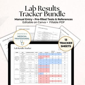 Könnte beinhalten: Ein digitales Lab-Ergebnis-Tracker-Bundle mit dem Text "Lab Results Tracker Bundle". Das Bundle enthält 13 Tracker-Blätter, vorgefüllte Tests und Referenzen. Das Design ist auf Canva bearbeitbar und als PDF ausfüllbar.