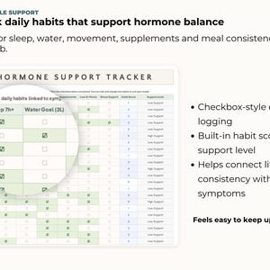 May include: A digital hormone support tracker with checkboxes for daily habit logging. The tracker monitors sleep, water intake, movement, supplements, and meal consistency. Text reads: "Track daily habits that support hormone balance."