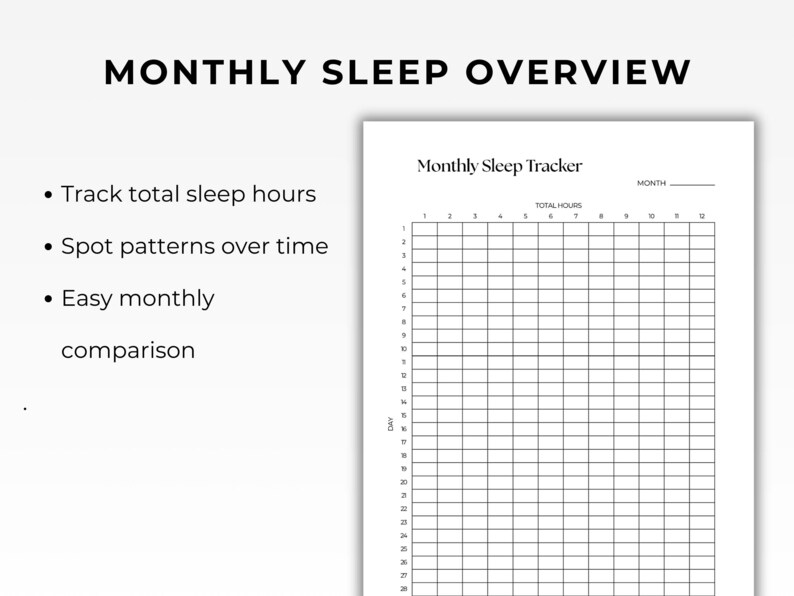 May include: A white paper sheet featuring a Monthly Sleep Tracker grid with columns for total hours and rows for days. The text reads Monthly Sleep Overview, Track total sleep hours, Spot patterns over time, Easy monthly comparison, and Monthly Sleep Tracker.