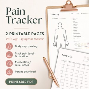 May include: A printable pain tracker PDF set featuring two pages: a body map log and a symptom tracker. The documents include fields for date, time, pain location, type, intensity scale, duration, and medication notes, displayed on a clipboard with a pen.