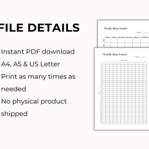 May include: A digital sleep tracker template featuring the text FILE DETAILS, Instant PDF download, A4, A5 & US Letter, Print as many times as needed, and No physical product shipped. Two white pages show a Weekly Sleep Tracker and a Monthly Sleep Tracker.