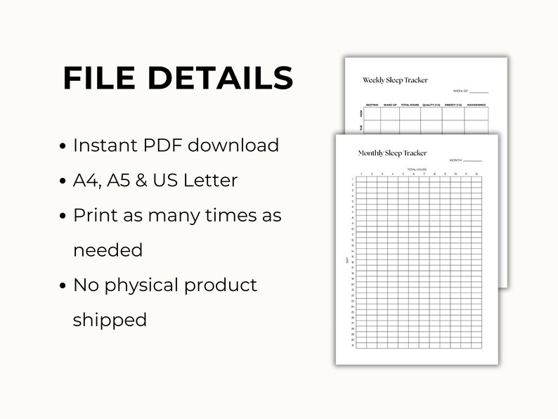 May include: A digital sleep tracker template featuring the text FILE DETAILS, Instant PDF download, A4, A5 & US Letter, Print as many times as needed, and No physical product shipped. Two white pages show a Weekly Sleep Tracker and a Monthly Sleep Tracker.