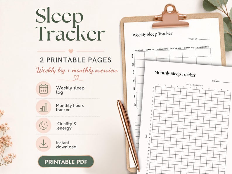 May include: A sleep tracker set featuring two printable pages, a weekly log and a monthly overview. The text reads Sleep Tracker, 2 Printable Pages, Weekly log + monthly overview, Weekly sleep log, Monthly hours tracker, Quality & energy, Instant download, Printable PDF, Weekly Sleep Tracker, and Monthly Sleep Tracker.