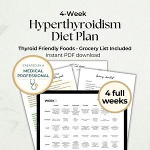 Puede incluir: Un plan de dieta digital de 4 semanas para el hipertiroidismo. El plan incluye alimentos amigables para la tiroides y una lista de compras. El texto de la imagen dice "Creado por un profesional médico" y "Descarga instantánea en PDF".