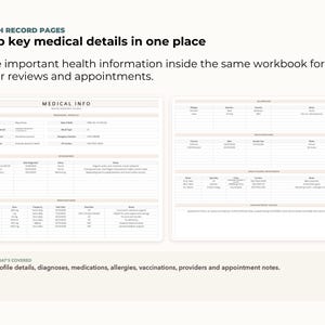 May include: A health record workbook with pages for medical information. The pages include sections for personal profile, diagnoses, medications, allergies, vaccinations, providers, and appointment notes. The text reads: "Keep key medical details in one place."