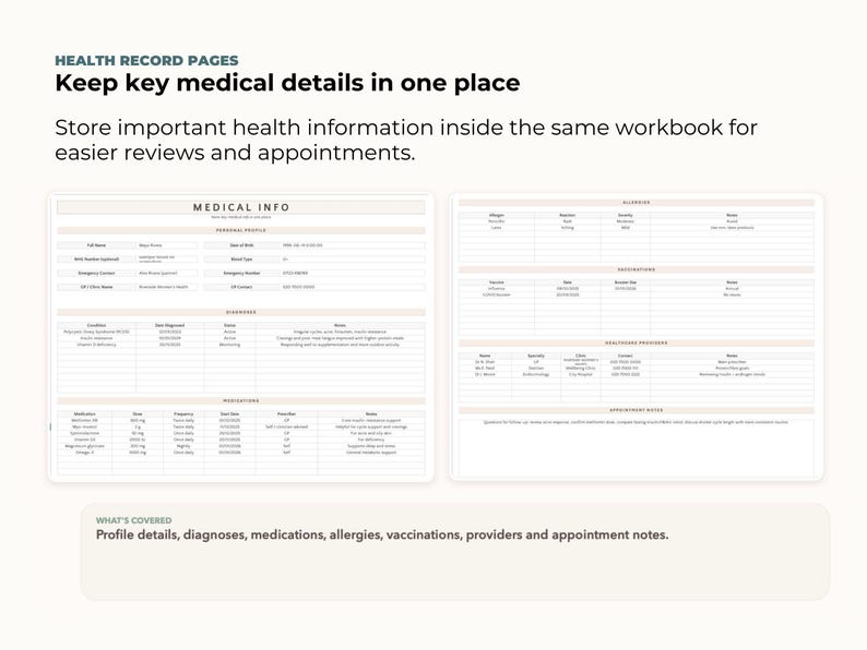 May include: A health record workbook with pages for medical information. The pages include sections for personal profile, diagnoses, medications, allergies, vaccinations, providers, and appointment notes. The text reads: "Keep key medical details in one place."