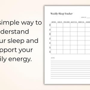 May include: A white paper sheet titled Weekly Sleep Tracker with a grid for days of the week and columns for bedtime, wake up, total hours, quality, energy, and awakenings, plus a section for notes at the bottom and a line for the week of.