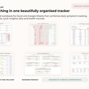 May include: A digital workbook with multiple tabs for tracking health metrics. The image shows a layout with sections for daily symptom tracking, cycle insights, and lab results. Text includes "FINAL RECAP" and "INSTANT DOWNLOAD".