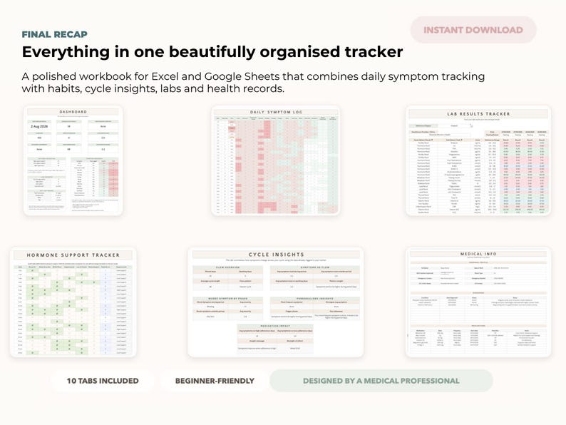 May include: A digital workbook with multiple tabs for tracking health metrics. The image shows a layout with sections for daily symptom tracking, cycle insights, and lab results. Text includes "FINAL RECAP" and "INSTANT DOWNLOAD".