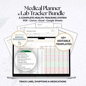 Paquete de planificador médico y registro de laboratorio, hoja de cálculo de seguimiento de salud, registro de medicamentos, registro de síntomas, Google Sheets, Excel, Canva PDF