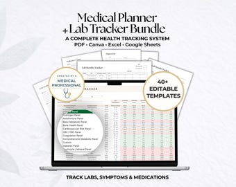 Paquete de planificador médico y registro de laboratorio, hoja de cálculo de seguimiento de salud, registro de medicamentos, registro de síntomas, Google Sheets, Excel, Canva PDF