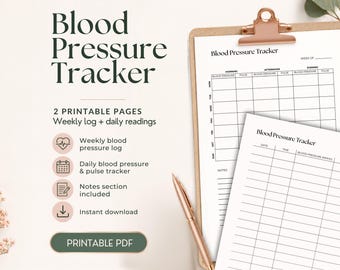 Blood Pressure Log Printable, Hypertension Journal, BP & Pulse Tracker, Weekly Daily Heart Health Chart PDF